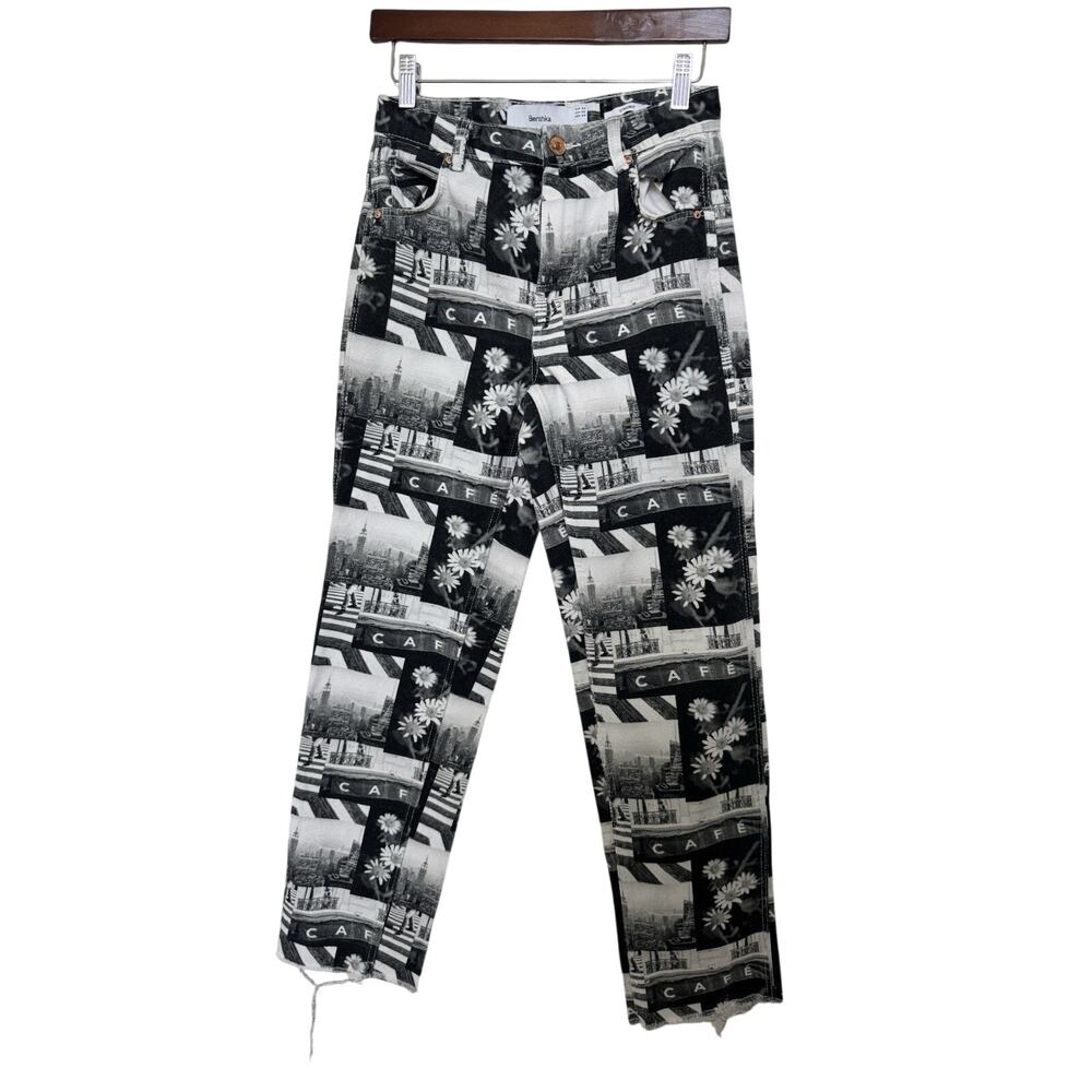 Bershka Women’s Straight Leg Black White Cafe Print Indie Skater Jeans Sz 2